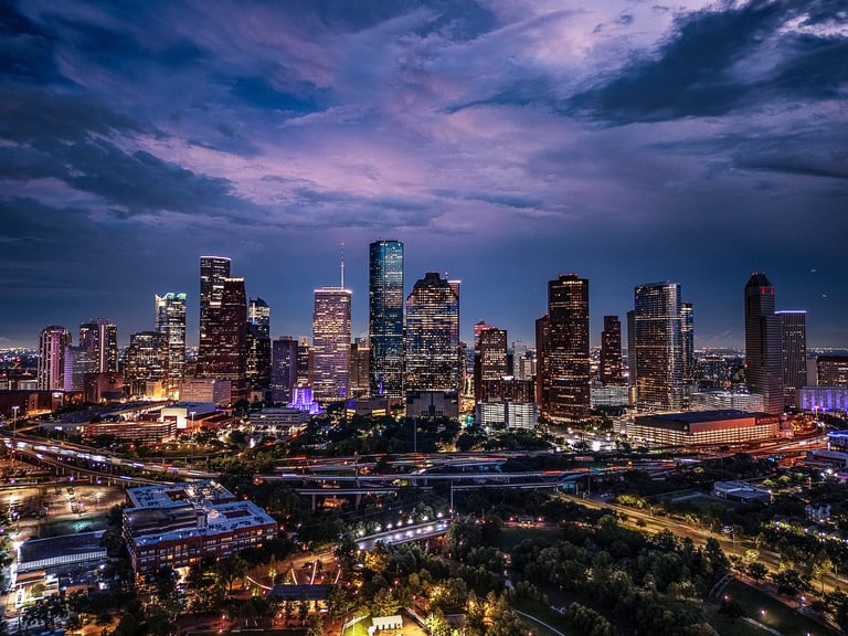 Downtown Houston, Texas skyline aerial view at twilight