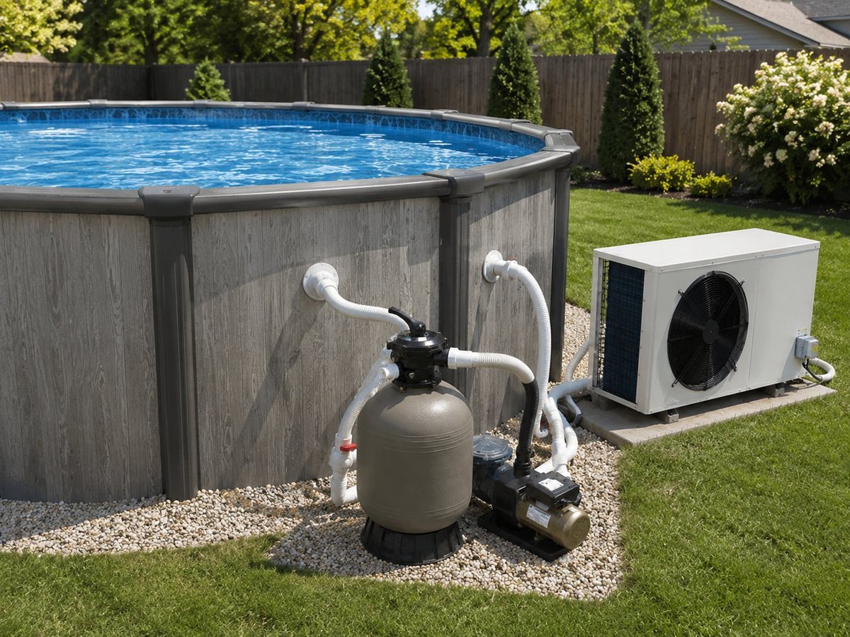 Above-ground pool with gray metal frame, sand filter system, and heat pump in a backyard with green grass and wooden fence
