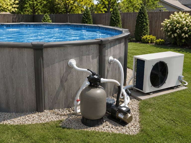 Above-ground pool with gray walls and blue water, flanked by sand filter system and white heat pump unit in backyard